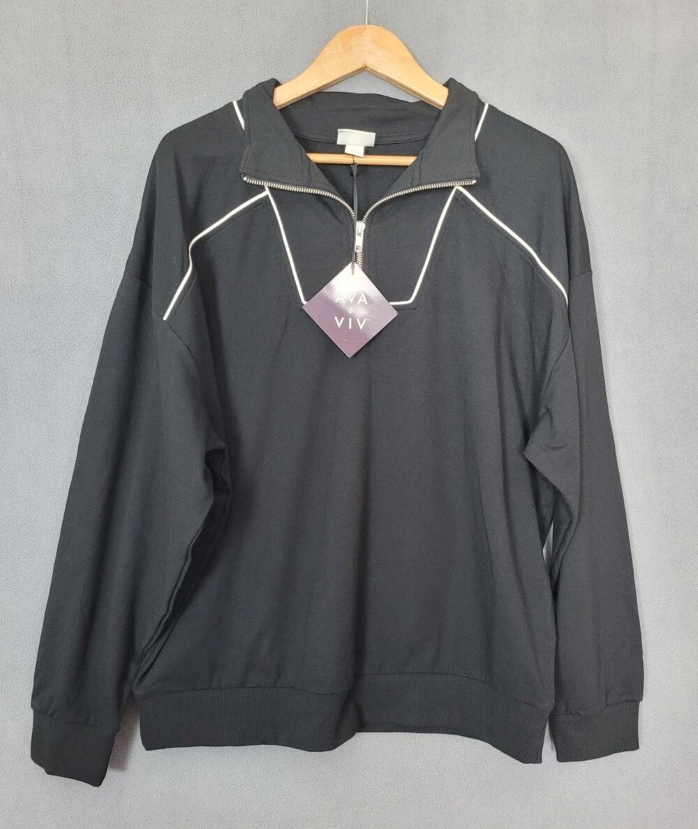 Women's Plus Size Ava & Viv Black Quarter-Zip Sweatshirt White Piping Trim XXL